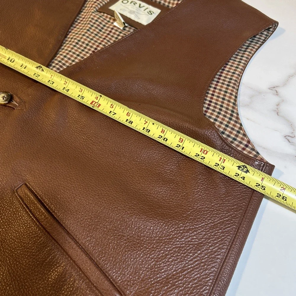 Orvis Vintage Brown Leather Vest Mens Plaid Lined Button Front Outdoor Heritage